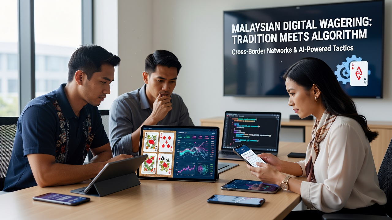 Malaysian player using smartphone to access digital wagering networks while referencing traditional card tactics