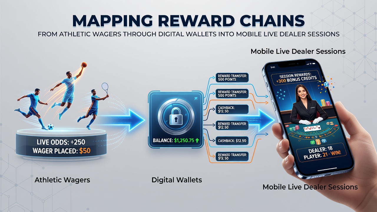 Mobile screen displaying live dealer session funded by digital wallet transfer from sports betting rewards