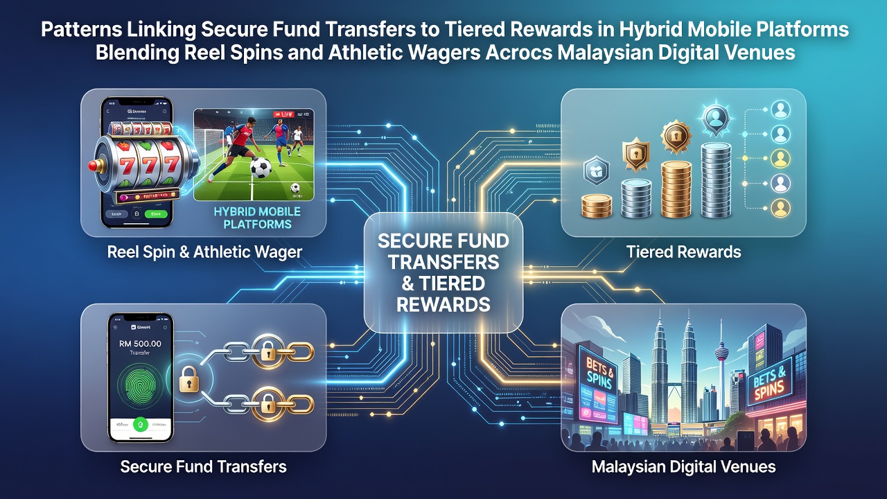 Secure fund transfer interface on a hybrid Malaysian mobile gaming platform showing tiered rewards dashboard alongside reel spins and sports wager options