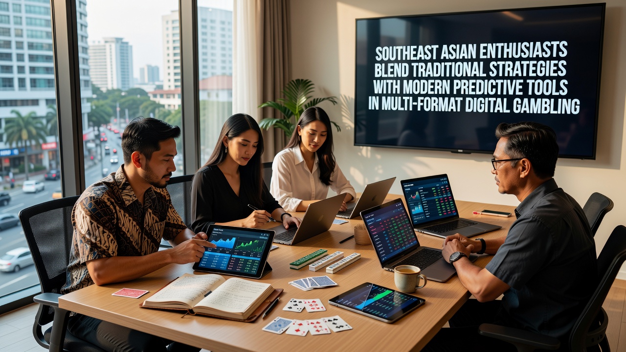 Southeast Asian players using digital devices to combine cultural gaming tactics with predictive analytics software on multi-format platforms