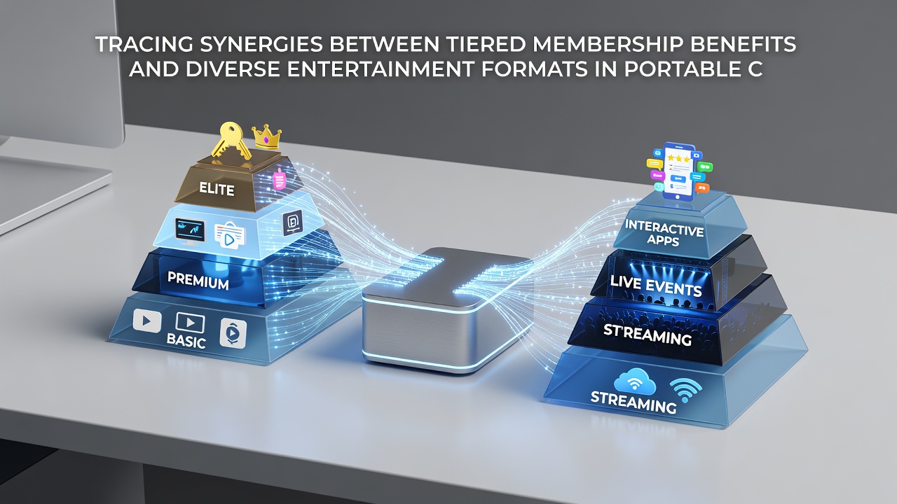 Diverse entertainment formats displayed on a portable device screen with loyalty tier indicators and reward notifications